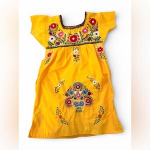 Girls Yellow Embroidered Folk Dress Floral Mexican Style